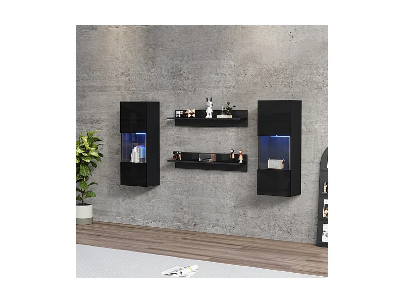 4er Set Wandregale - 180 x 29 x 108 cm - 2 LED-Wandeinheiten + 2 Regale - Spanplatte - Schwarz