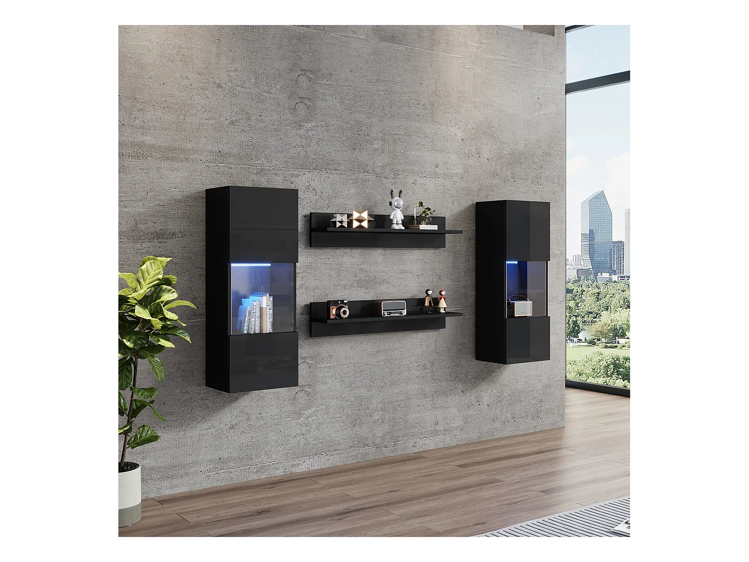 Set van 4 wandplanken - 180 x 29 x 108 cm - 2 LED-wandmeubels + 2 planken - spaanplaat - zwart