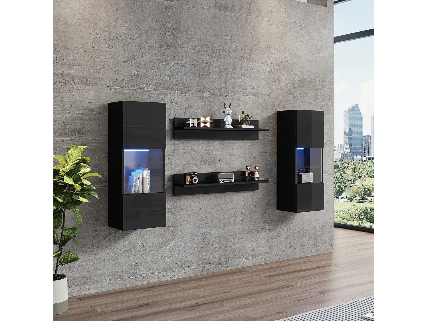 Ensemble de 4 étagères murales - 180 x 29 x 108 cm - 2 meuble mural Leds + 2 étagères - aggloméré - noir