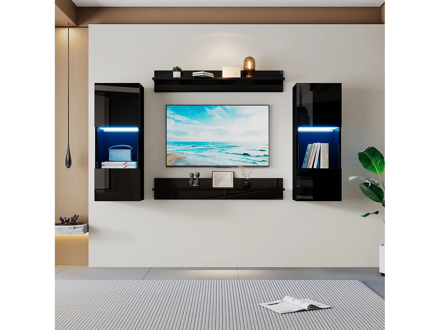 Ensemble de 4 étagères murales - 180 x 29 x 108 cm - 2 meuble mural Leds + 2 étagères - aggloméré - noir