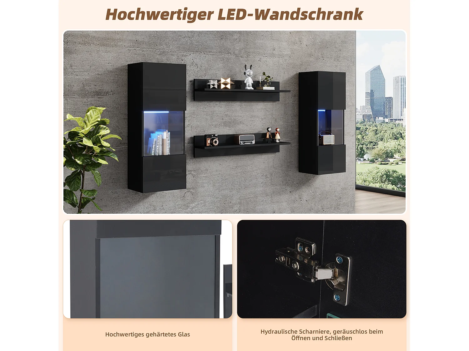 Ensemble de 4 étagères murales - 180 x 29 x 108 cm - 2 meuble mural Leds + 2 étagères - aggloméré - noir