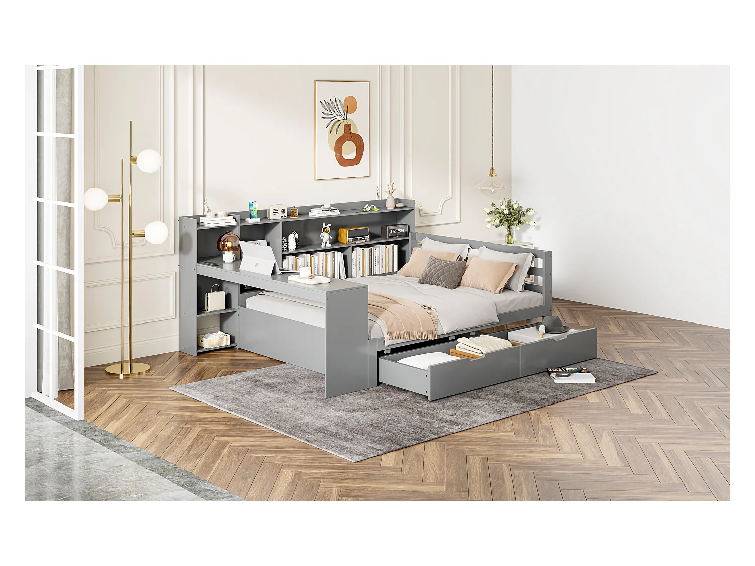 Massief houten slaapbank, 140x200 cm, met bureau, planken, stopcontacten en opklapbed onder de bank, multifunctioneel, grijs (245,5x165x100 cm)