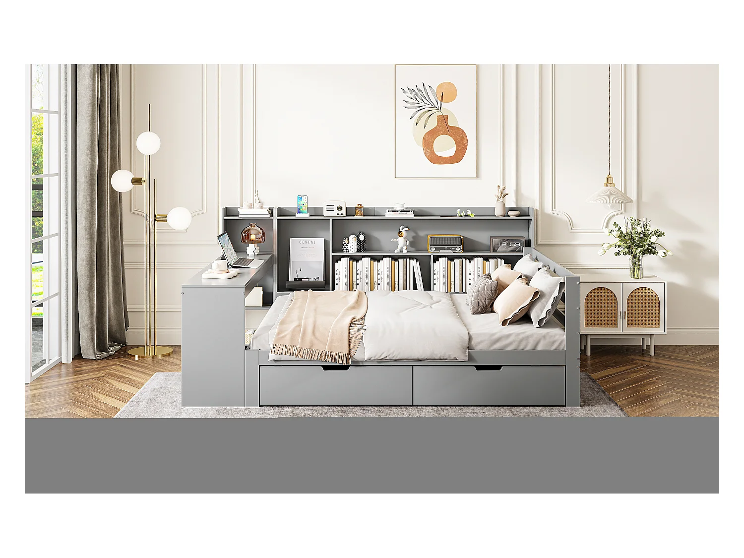 Massief houten slaapbank, 140x200 cm, met bureau, planken, stopcontacten en opklapbed onder de bank, multifunctioneel, grijs (245,5x165x100 cm)