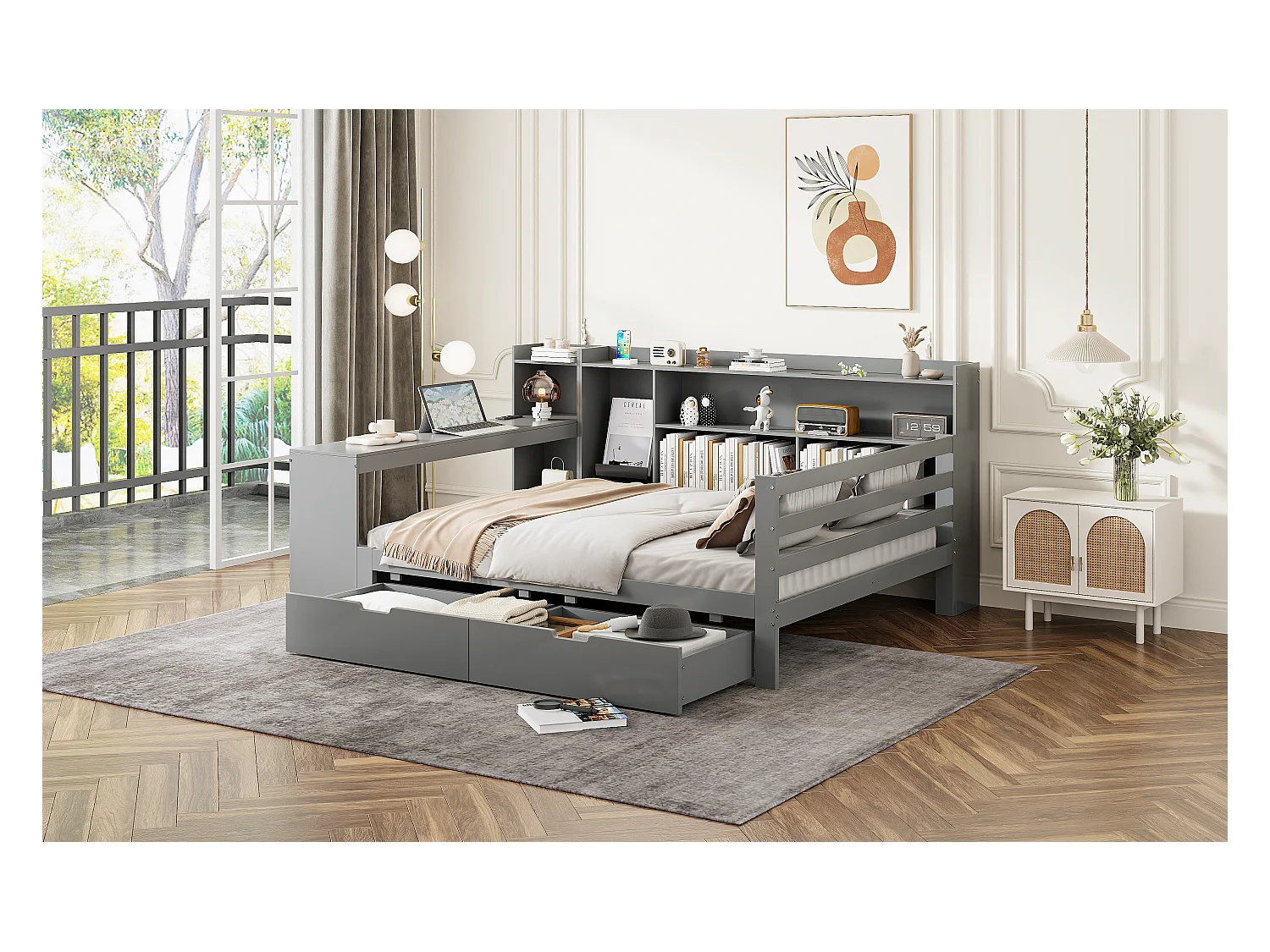 Massief houten slaapbank, 140x200 cm, met bureau, planken, stopcontacten en opklapbed onder de bank, multifunctioneel, grijs (245,5x165x100 cm)