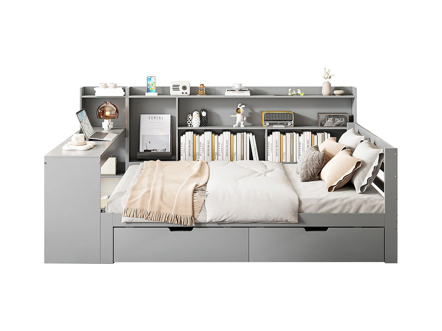 Massief houten slaapbank, 140x200 cm, met bureau, planken, stopcontacten en opklapbed onder de bank, multifunctioneel, grijs (245,5x165x100 cm)