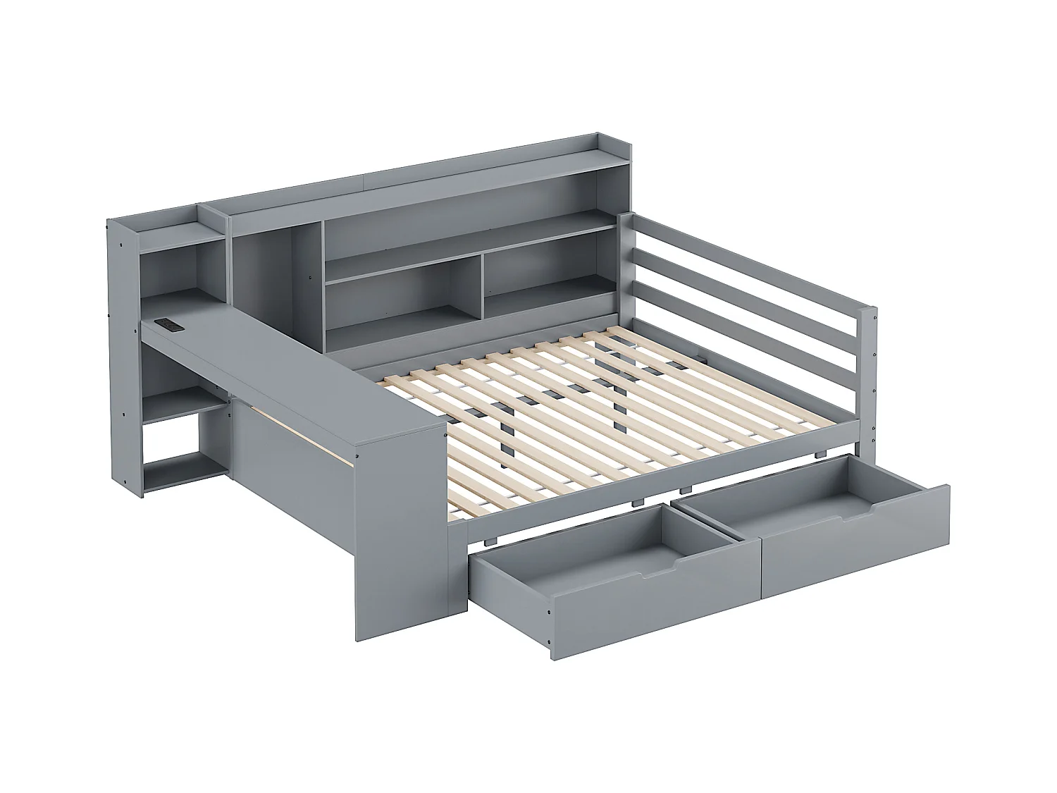 Massief houten slaapbank, 140x200 cm, met bureau, planken, stopcontacten en opklapbed onder de bank, multifunctioneel, grijs (245,5x165x100 cm)