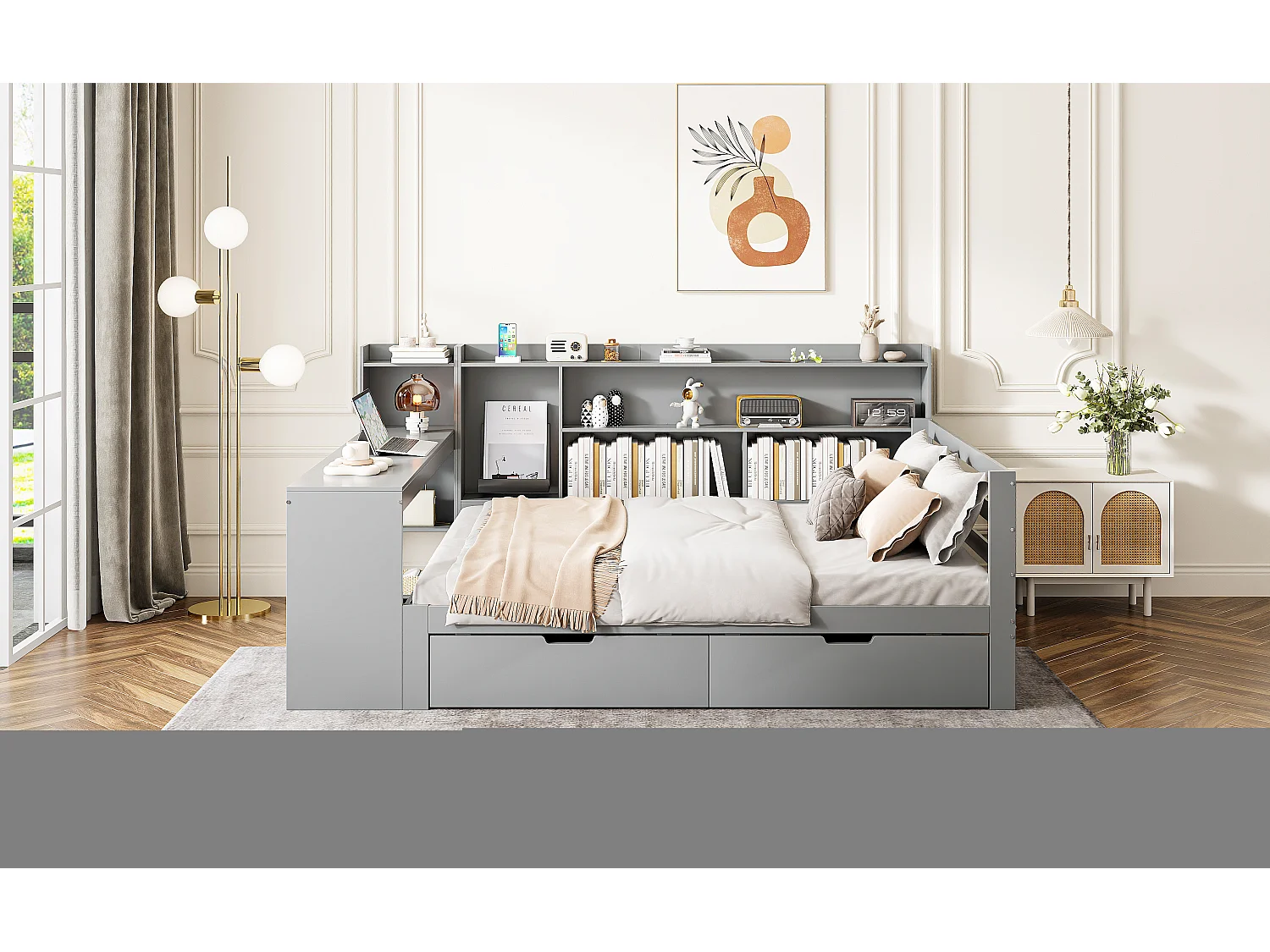 Canapé-lit en bois massif, 140x200 cm, avec bureau, étagères, prises et lit escamotable sous le canapé, multifonctionnel, Gris (245.5x165x100 cm)