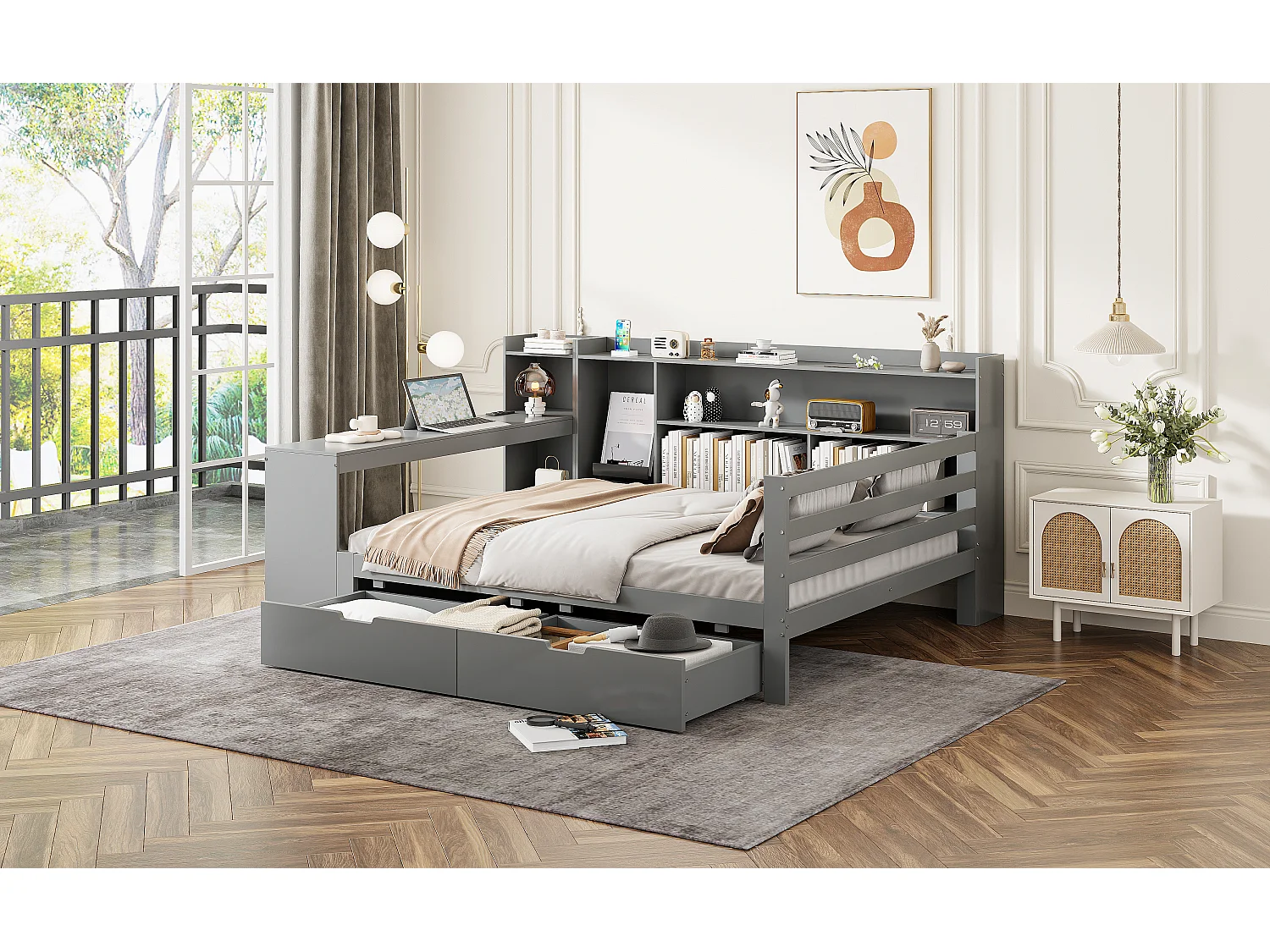 Canapé-lit en bois massif, 140x200 cm, avec bureau, étagères, prises et lit escamotable sous le canapé, multifonctionnel, Gris (245.5x165x100 cm)