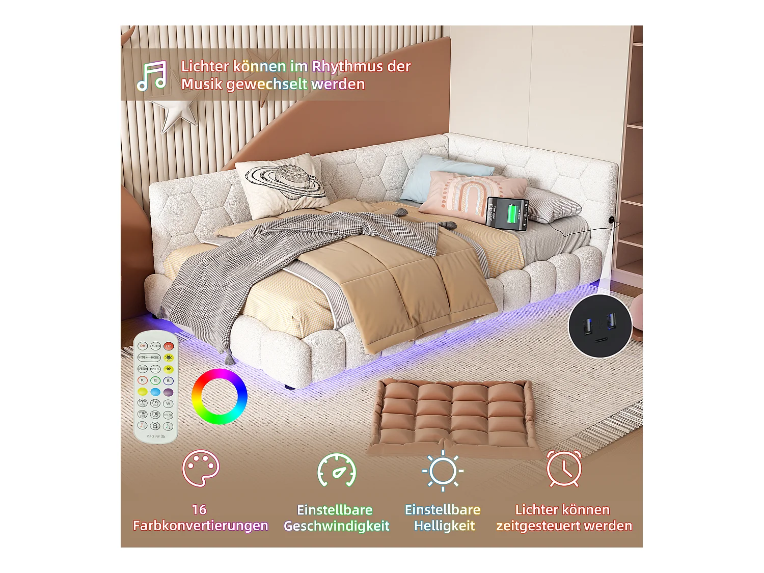 Sofá cama de 90x200 cm con iluminación LED de 16 colores, USB y Tipo C, tejido de terciopelo, color blanco (214x152x64,5 cm)