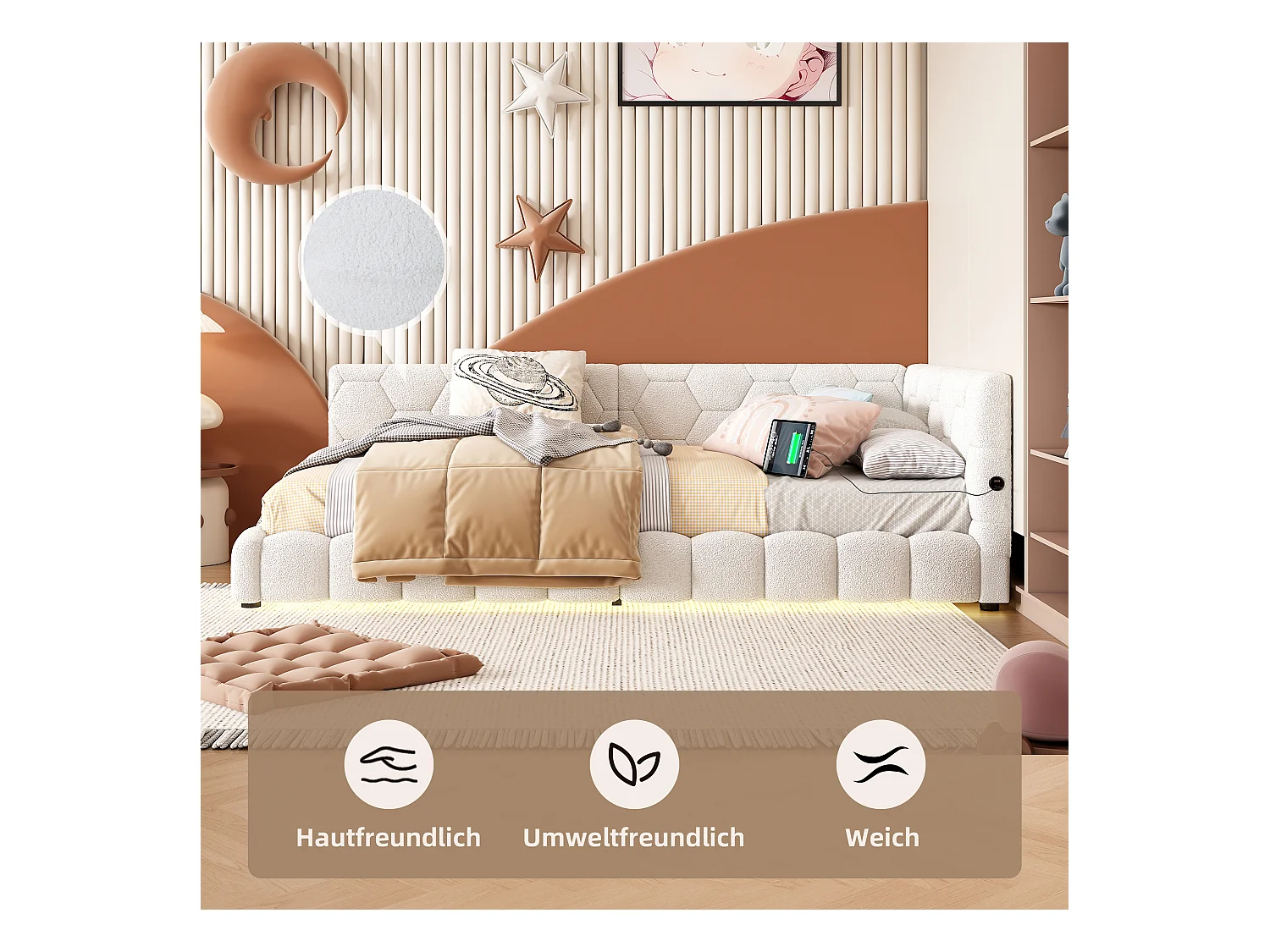 Sofá cama de 90x200 cm con iluminación LED de 16 colores, USB y Tipo C, tejido de terciopelo, color blanco (214x152x64,5 cm)