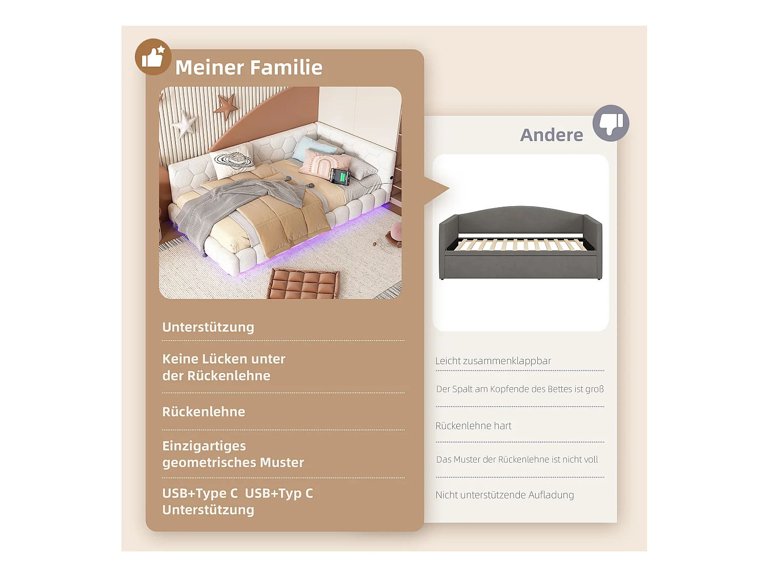 Sofá cama de 90x200 cm con iluminación LED de 16 colores, USB y Tipo C, tejido de terciopelo, color blanco (214x152x64,5 cm)