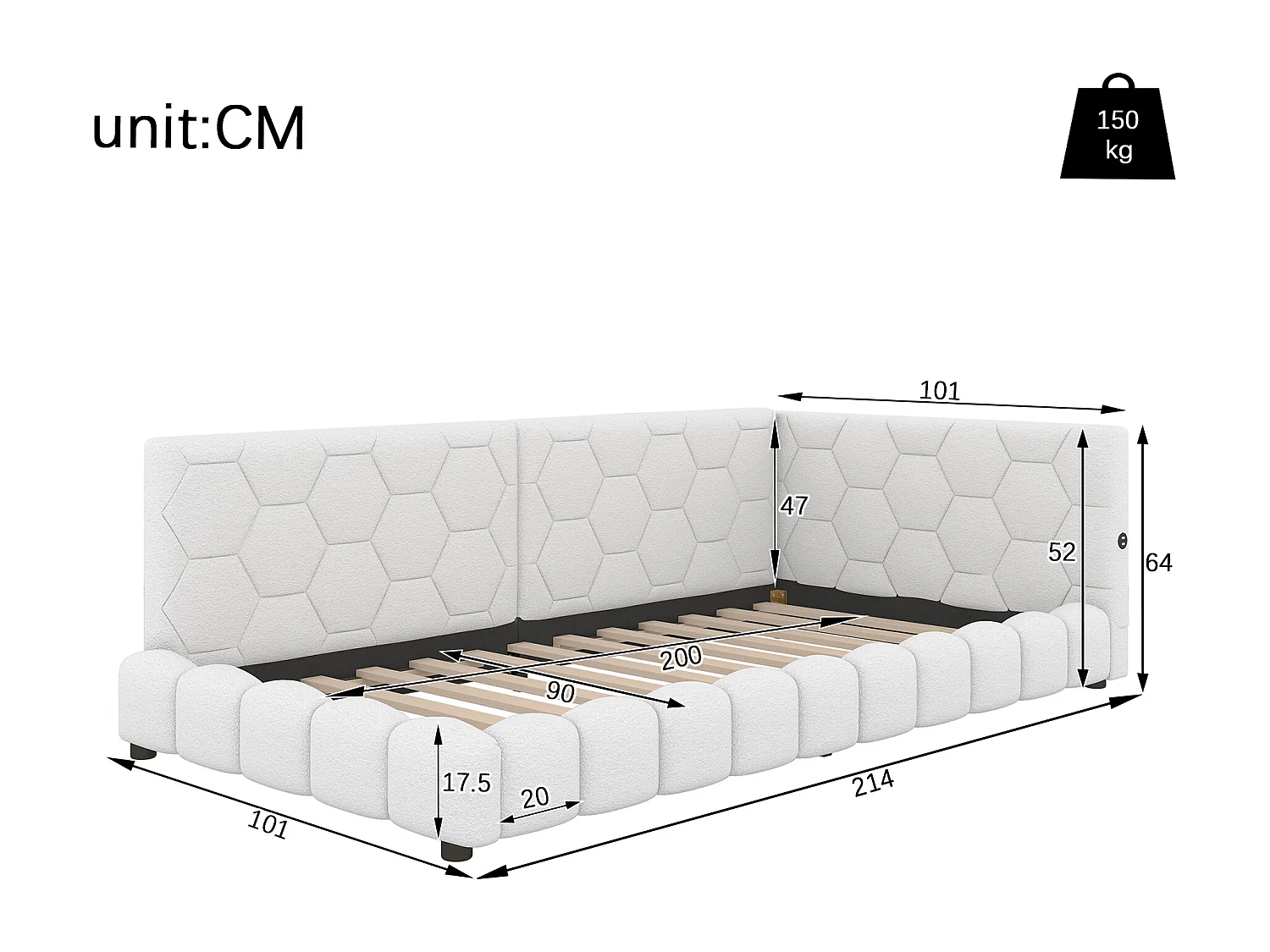 Daybed, 90x200 cm, canapé-lit, avec 16 couleurs d'éclairage LED, USB et Type-C, tissu velours, Blanc (214x152x64.5 cm)