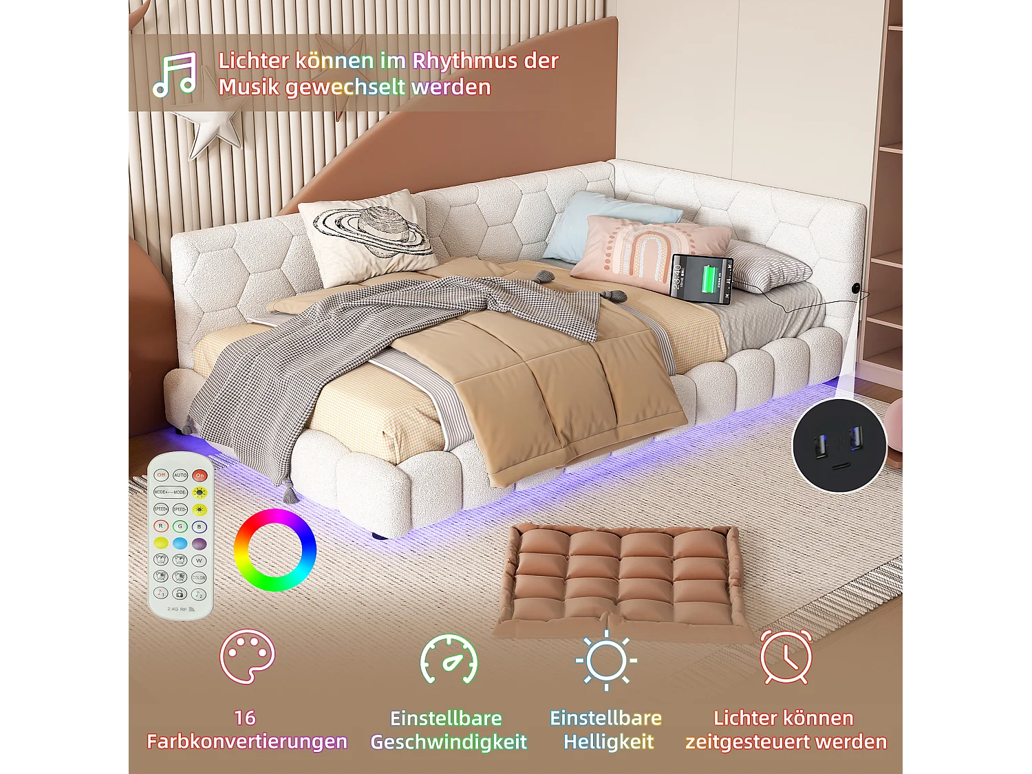 Divano letto, 90x200 cm, con illuminazione LED a 16 colori, USB e Type-C, tessuto in velluto, Bianco (214x152x64,5 cm)