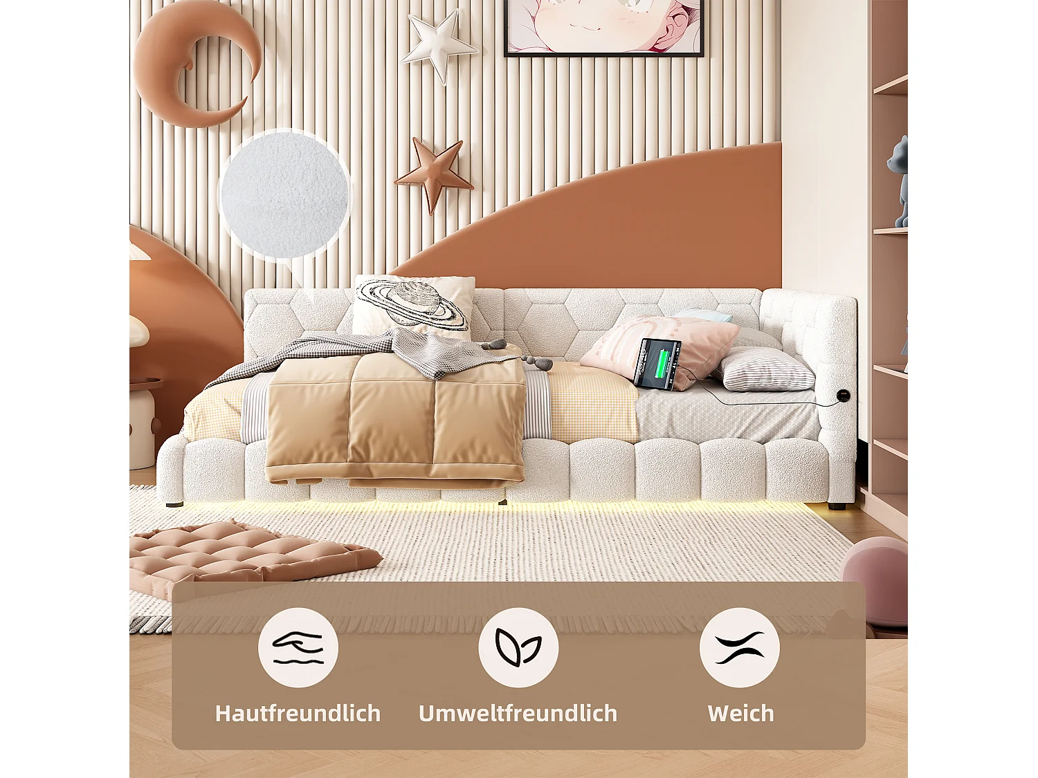 Divano letto, 90x200 cm, con illuminazione LED a 16 colori, USB e Type-C, tessuto in velluto, Bianco (214x152x64,5 cm)