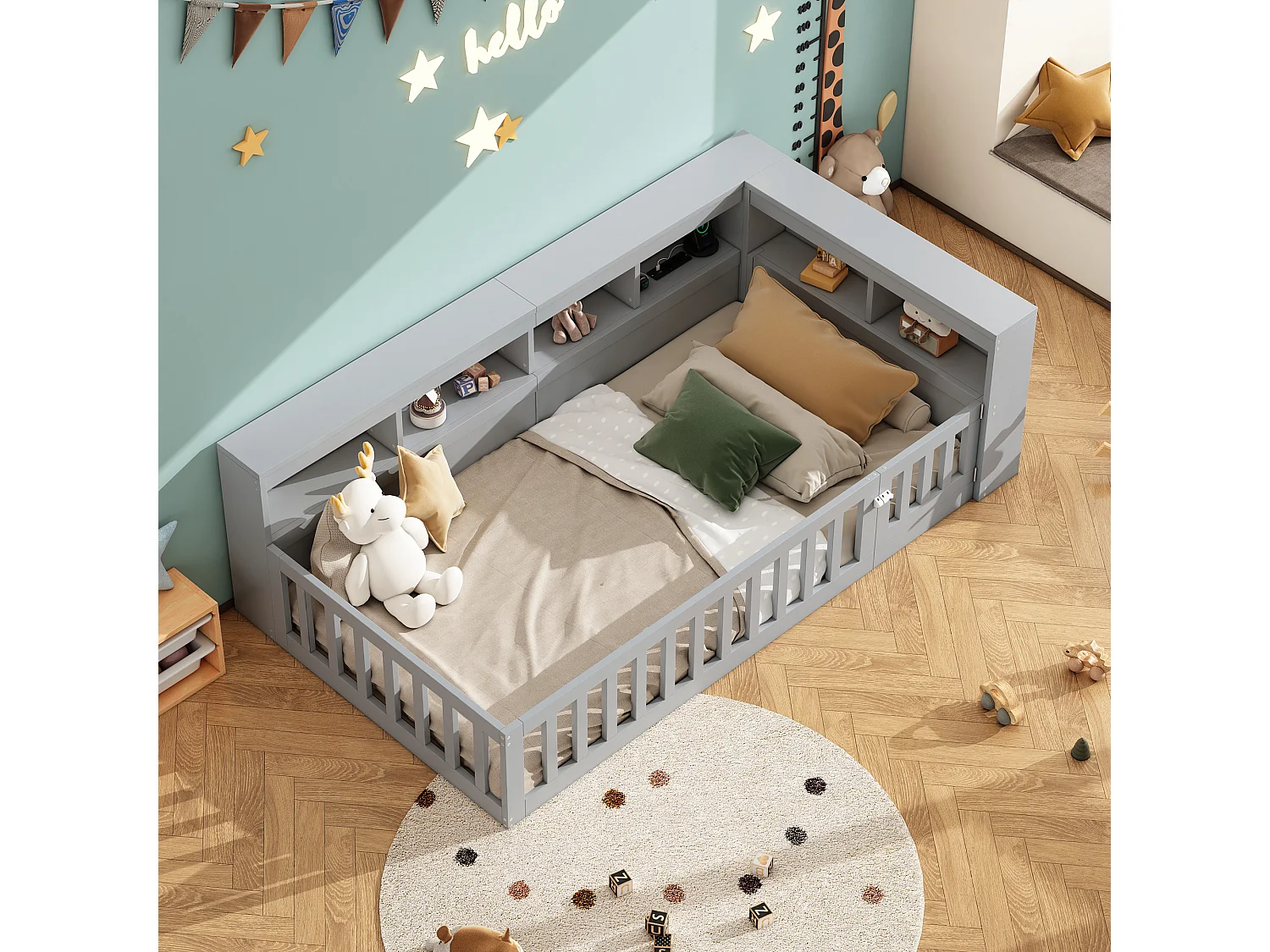 Dagbed, 90x200cm, met stofhoes, lattenbodem (zonder matras), leuning, spaanplaat, met USB-aansluiting, grijs (222x113x70 cm)