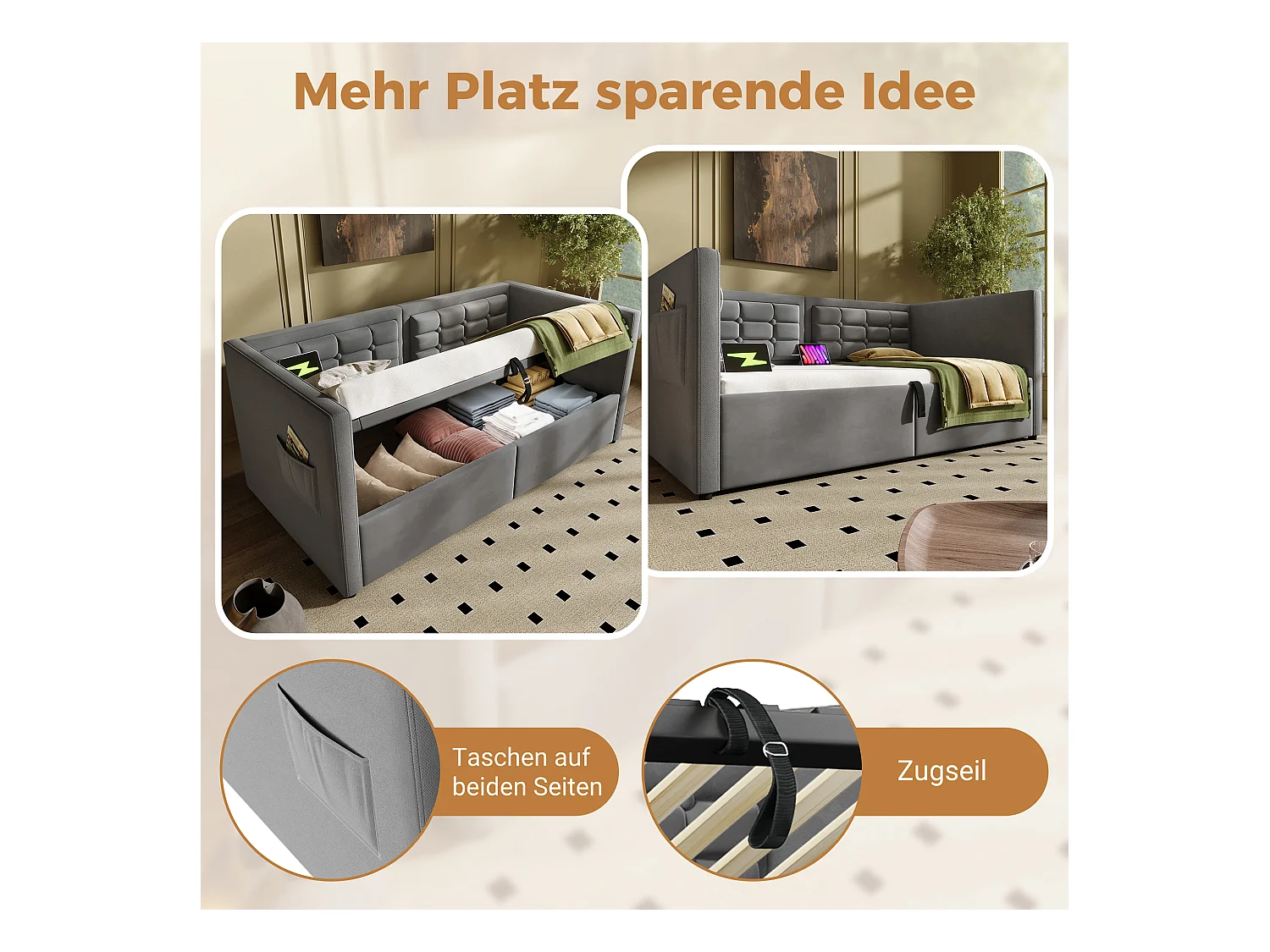 Canapé-lit avec Hydraulique, 90x200cm, avec Tête de Lit en Velours, LED, Station de Charge USB + Type-C, Gris (215x106x75 cm)