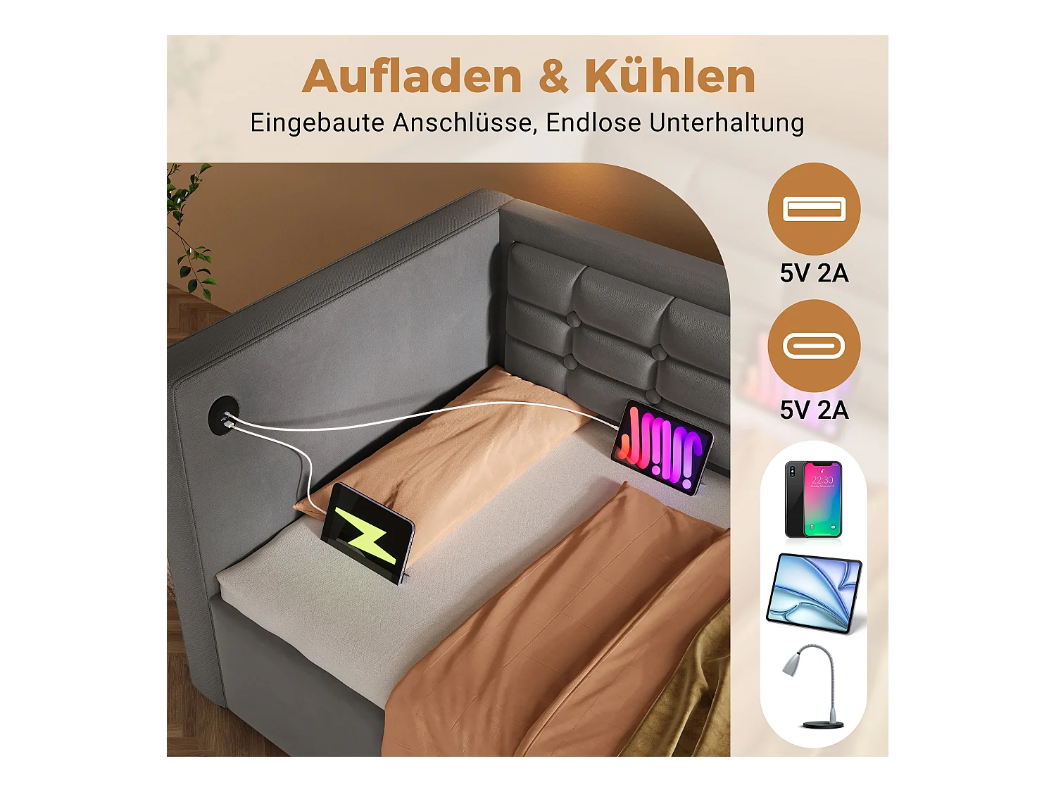 Canapé-lit avec Hydraulique, 90x200cm, avec Tête de Lit en Velours, LED, Station de Charge USB + Type-C, Gris (215x106x75 cm)