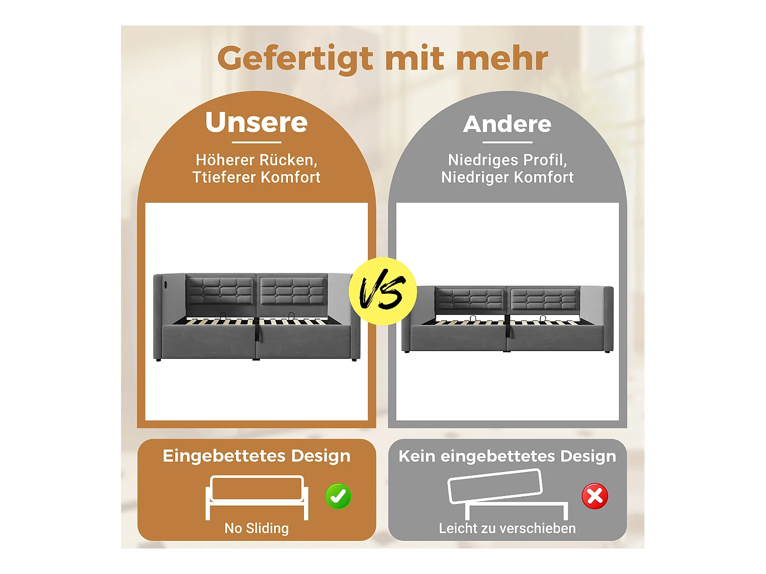Canapé-lit avec Hydraulique, 90x200cm, avec Tête de Lit en Velours, LED, Station de Charge USB + Type-C, Gris (215x106x75 cm)