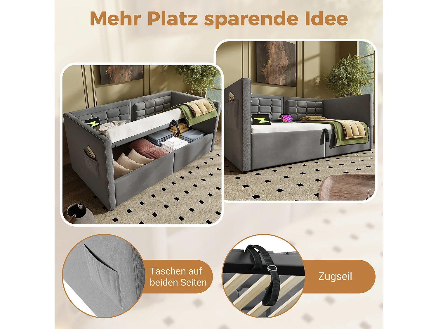 Canapé-lit avec Hydraulique, 90x200cm, avec Tête de Lit en Velours, LED, Station de Charge USB + Type-C, Gris (215x106x75 cm)