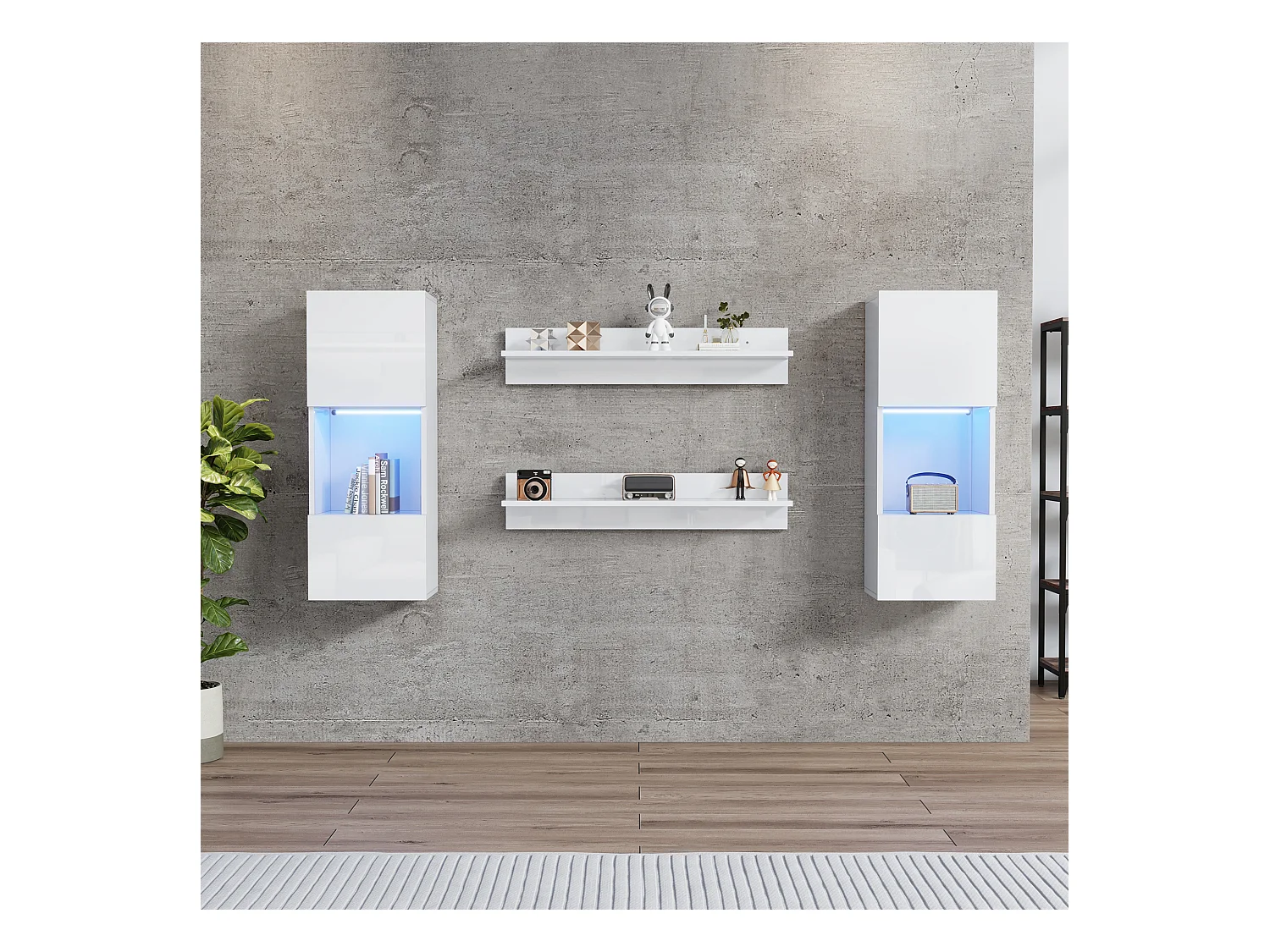 Set van 4 wandplanken - 180 x 29 x 108 cm - 2 LED-wandmeubels + 2 planken - spaanplaat - wit