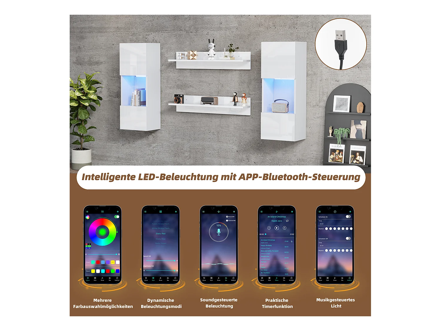 Set van 4 wandplanken - 180 x 29 x 108 cm - 2 LED-wandmeubels + 2 planken - spaanplaat - wit