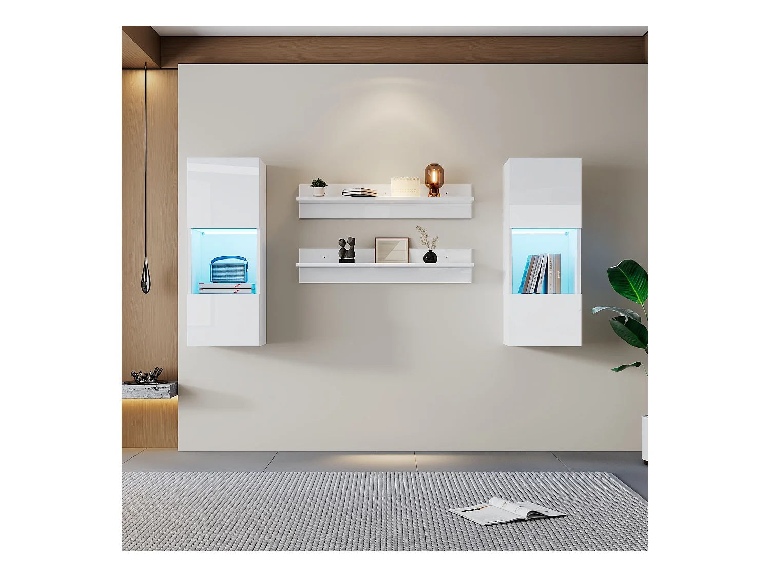 Ensemble de 4 étagères murales - 180 x 29 x 108 cm - 2 meuble mural Leds + 2 étagères - aggloméré - blanc
