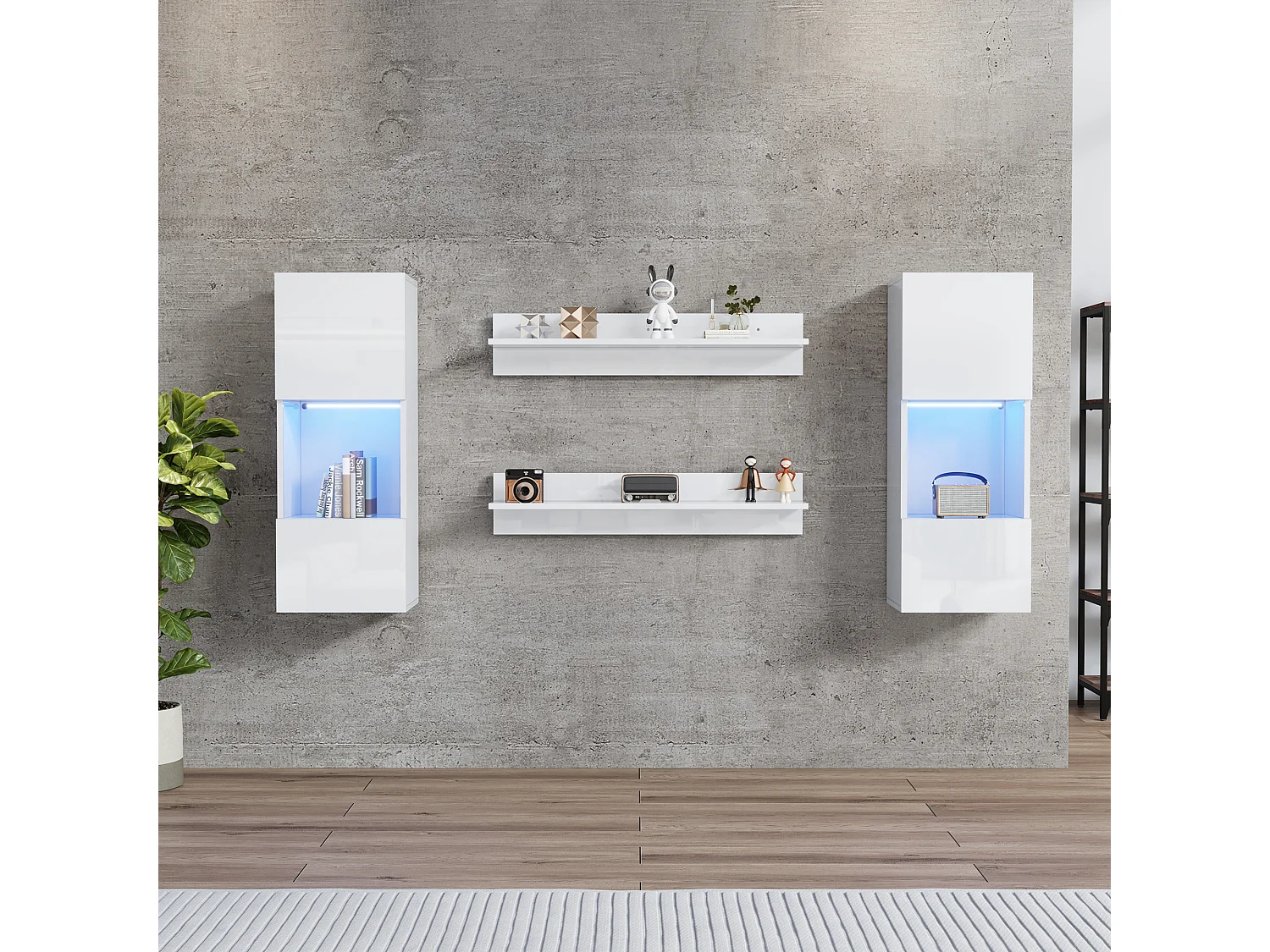 Set di 4 mensole da parete - 180 x 29 x 108 cm - 2 pensili LED + 2 ripiani - truciolare - bianco