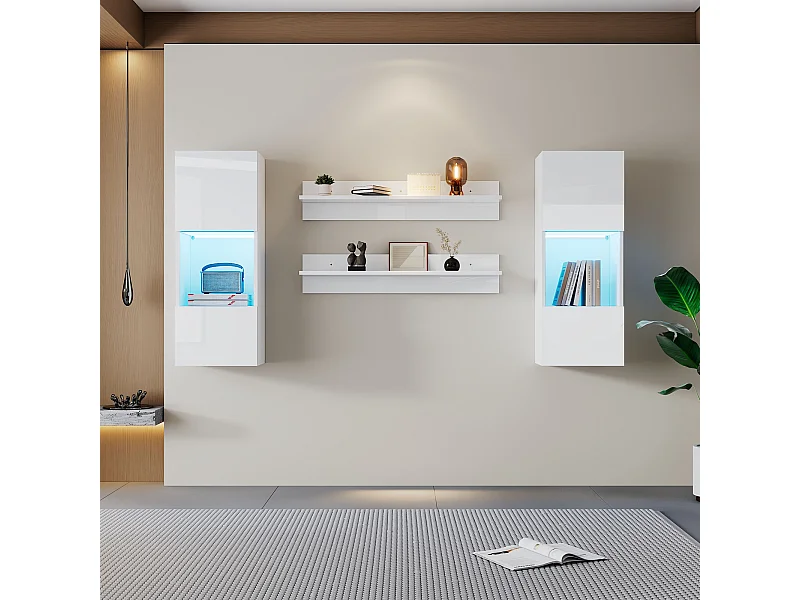 Conjunto de 4 prateleiras de parede - 180 x 29 x 108 cm - 2 armários de parede LED + 2 prateleiras - aglomerado - branco