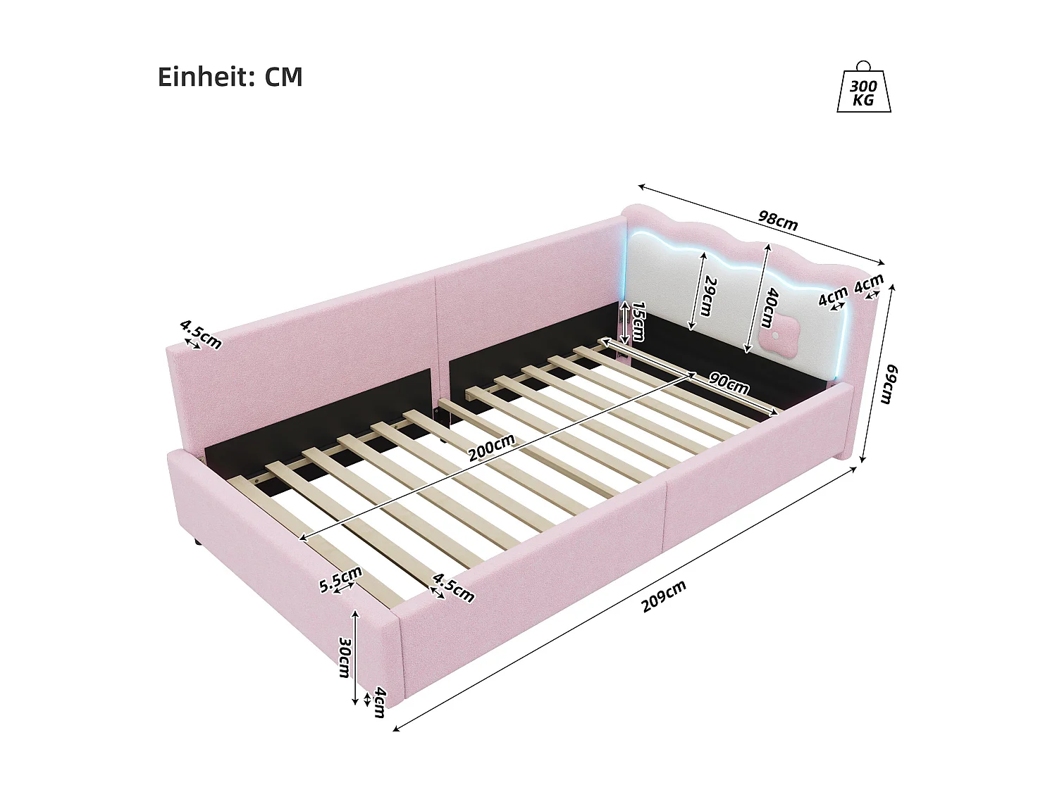 Lit daybed, 90x200 cm, canapé-lit avec LED, cadre en MDF, rose (209x98x69 cm)