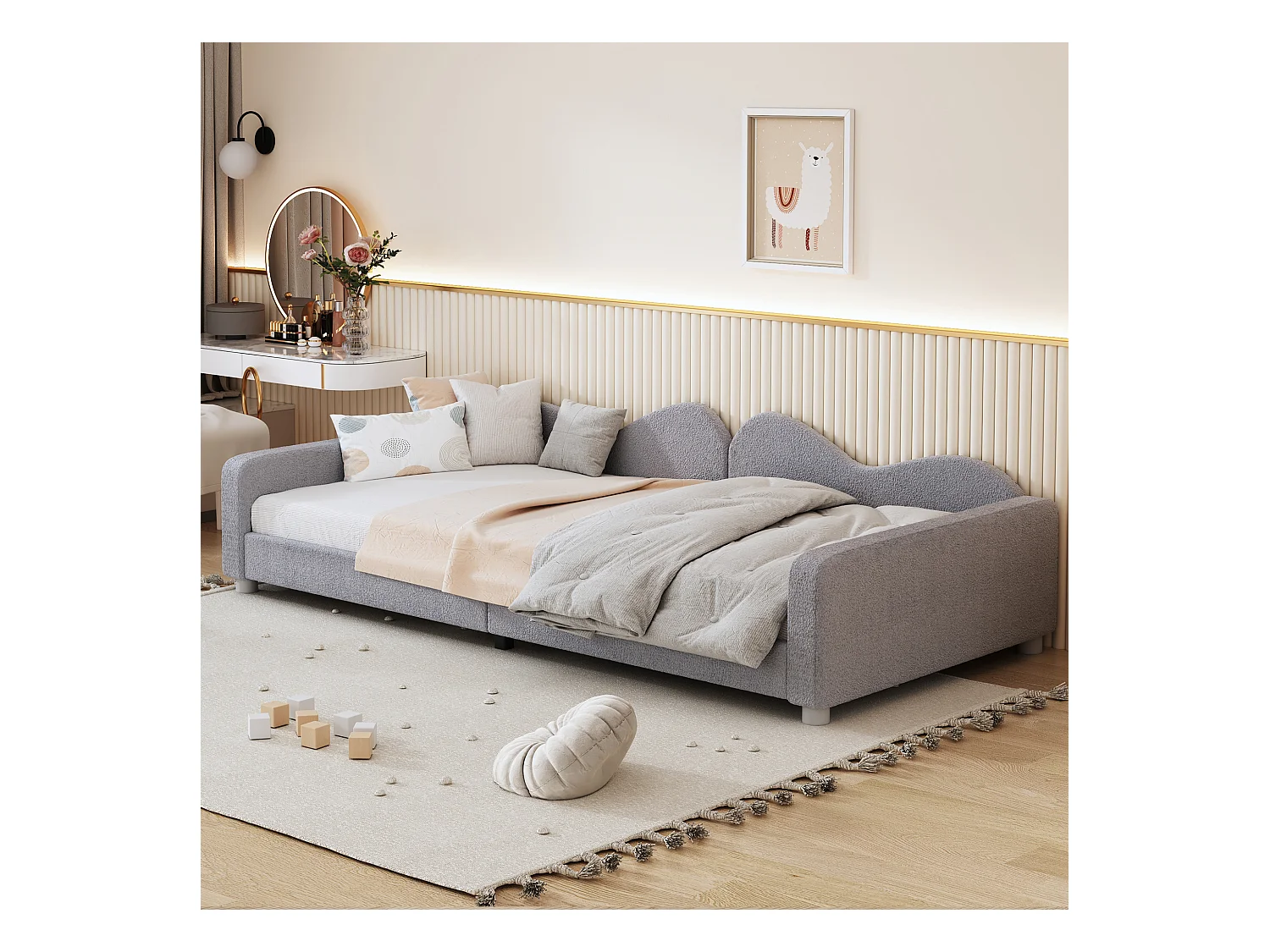 Lit enfant tapissé, canapé-lit multifonctionnel, tissu teddy gris, avec dossier et accoudoirs (214.5x95x42cm)