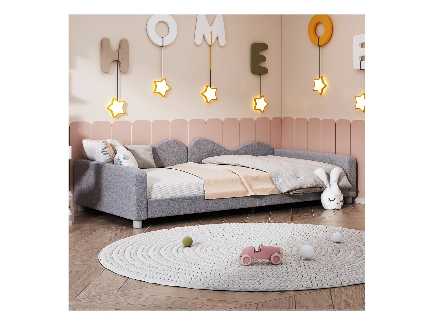 Lit enfant tapissé, canapé-lit multifonctionnel, tissu teddy gris, avec dossier et accoudoirs (214.5x95x42cm)