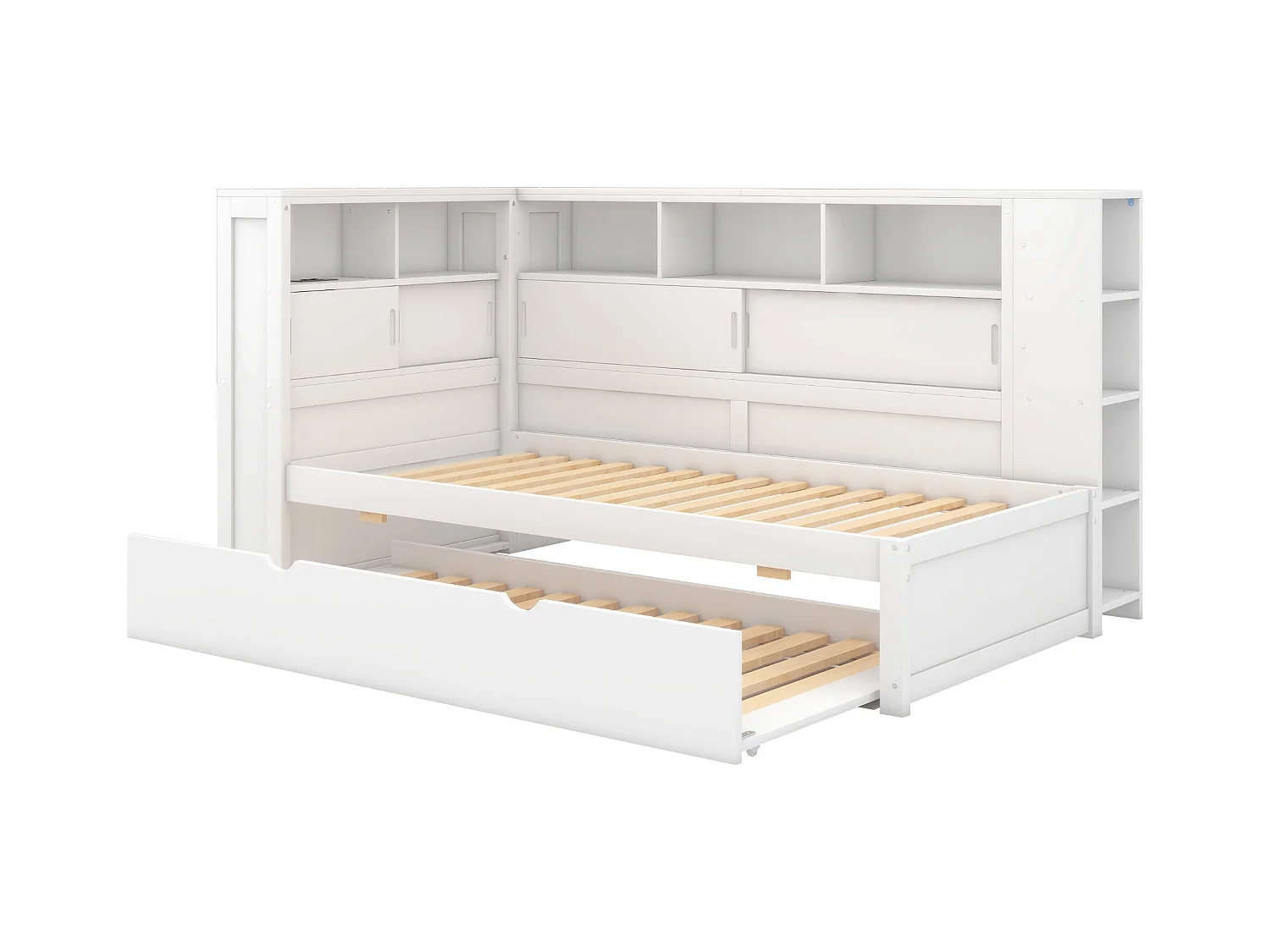 Daybed 90x200 cm, daybed met uitschuifbaar bed, opbergfunctie, met USB, spaanplaat, wit (232x125x110 cm)