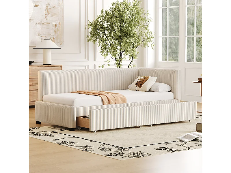 Lit canapé multifonction 90x200 cm, avec 2 grands tiroirs de rangement et sommier à lattes, tissu velours, beige (204.5x97x68 cm)