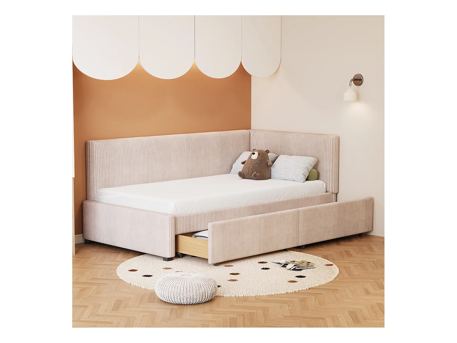 Lit canapé multifonction 90x200 cm, avec 2 grands tiroirs de rangement et sommier à lattes, tissu velours, beige (204.5x97x68 cm)