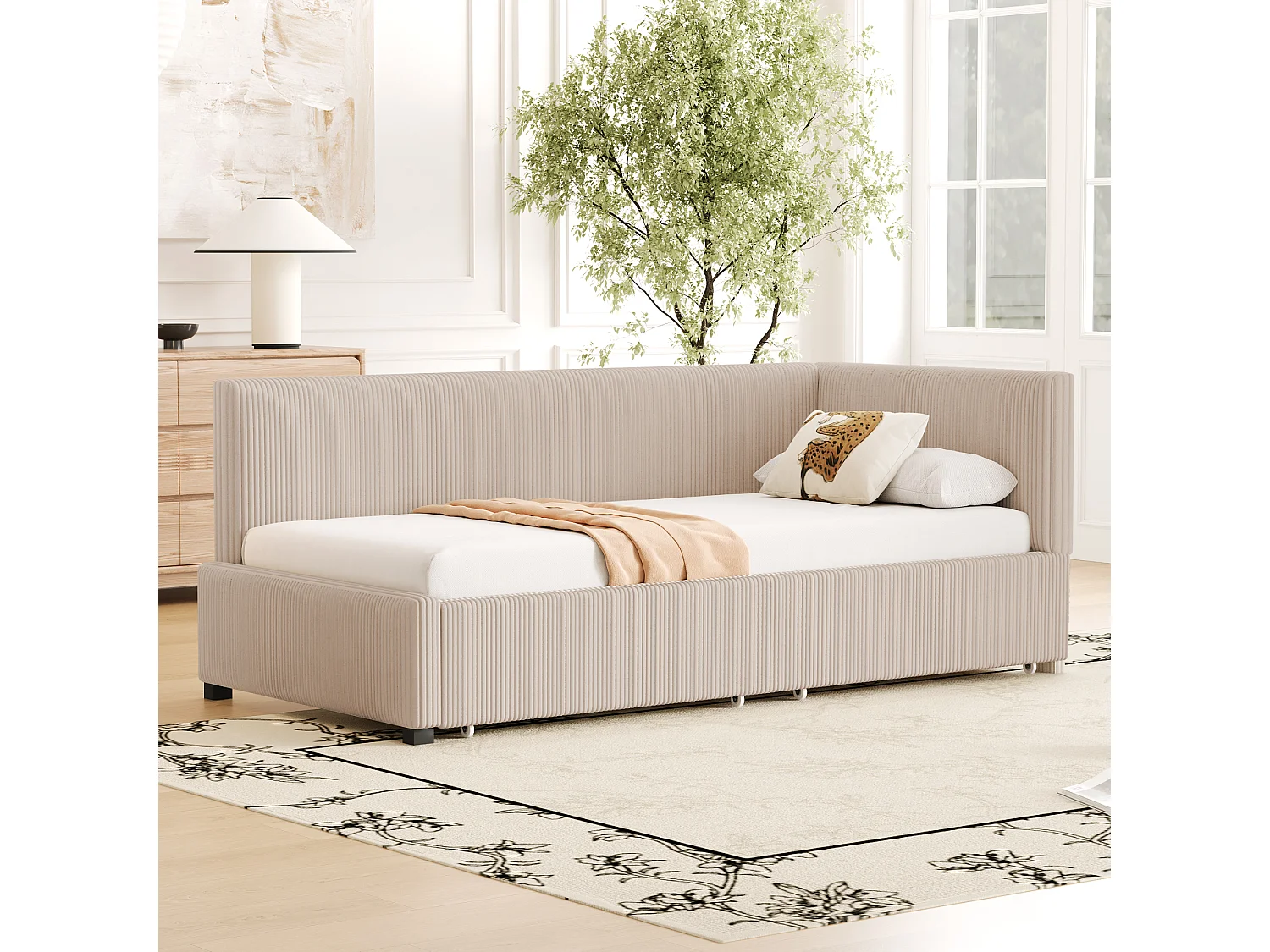 Lit canapé multifonction 90x200 cm, avec 2 grands tiroirs de rangement et sommier à lattes, tissu velours, beige (204.5x97x68 cm)