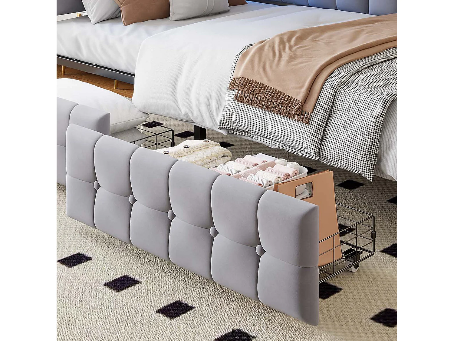 Sofá cama 90x200 cm, con 2 cajones, lámpara LED y tomas USB/Tipo C, multifuncional, gris (208,5x99x83,5 cm)