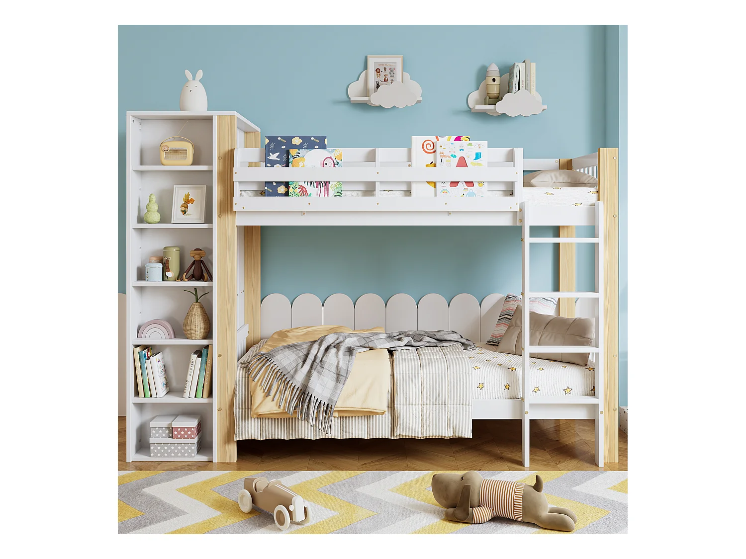 Slaapbank 140x200 cm, extra grote lades, USB, LED, planken, opbergvakken, massief hout, wit (222,3x165x92 cm)