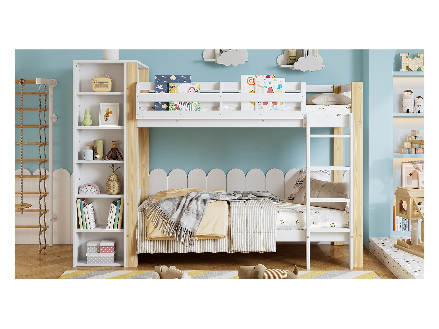 Slaapbank 140x200 cm, extra grote lades, USB, LED, planken, opbergvakken, massief hout, wit (222,3x165x92 cm)