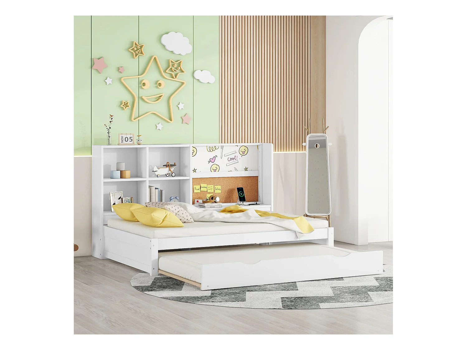 Canapé-lit 90x200 cm, lit escamotable, port USB, tableau blanc, plusieurs compartiments de rangement, blanc (208.5x116.5x112 cm)