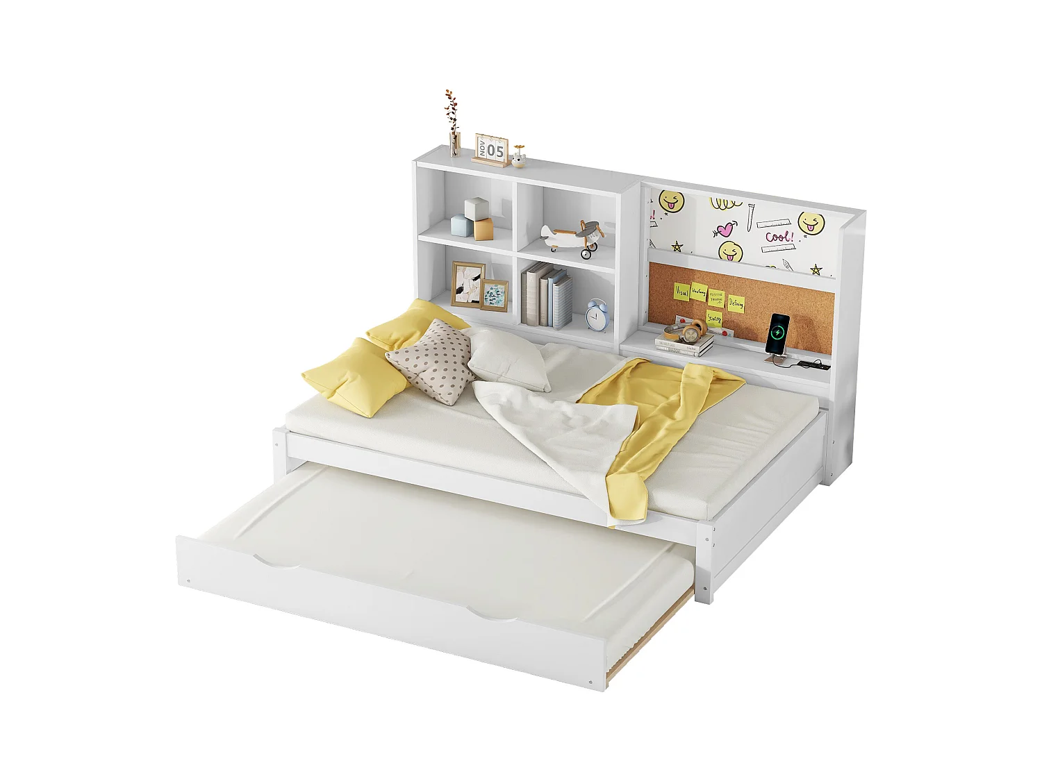 Canapé-lit 90x200 cm, lit escamotable, port USB, tableau blanc, plusieurs compartiments de rangement, blanc (208.5x116.5x112 cm)