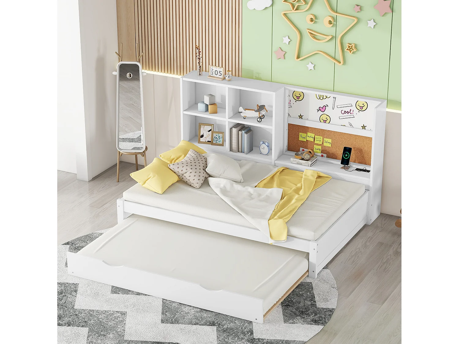 Canapé-lit 90x200 cm, lit escamotable, port USB, tableau blanc, plusieurs compartiments de rangement, blanc (208.5x116.5x112 cm)