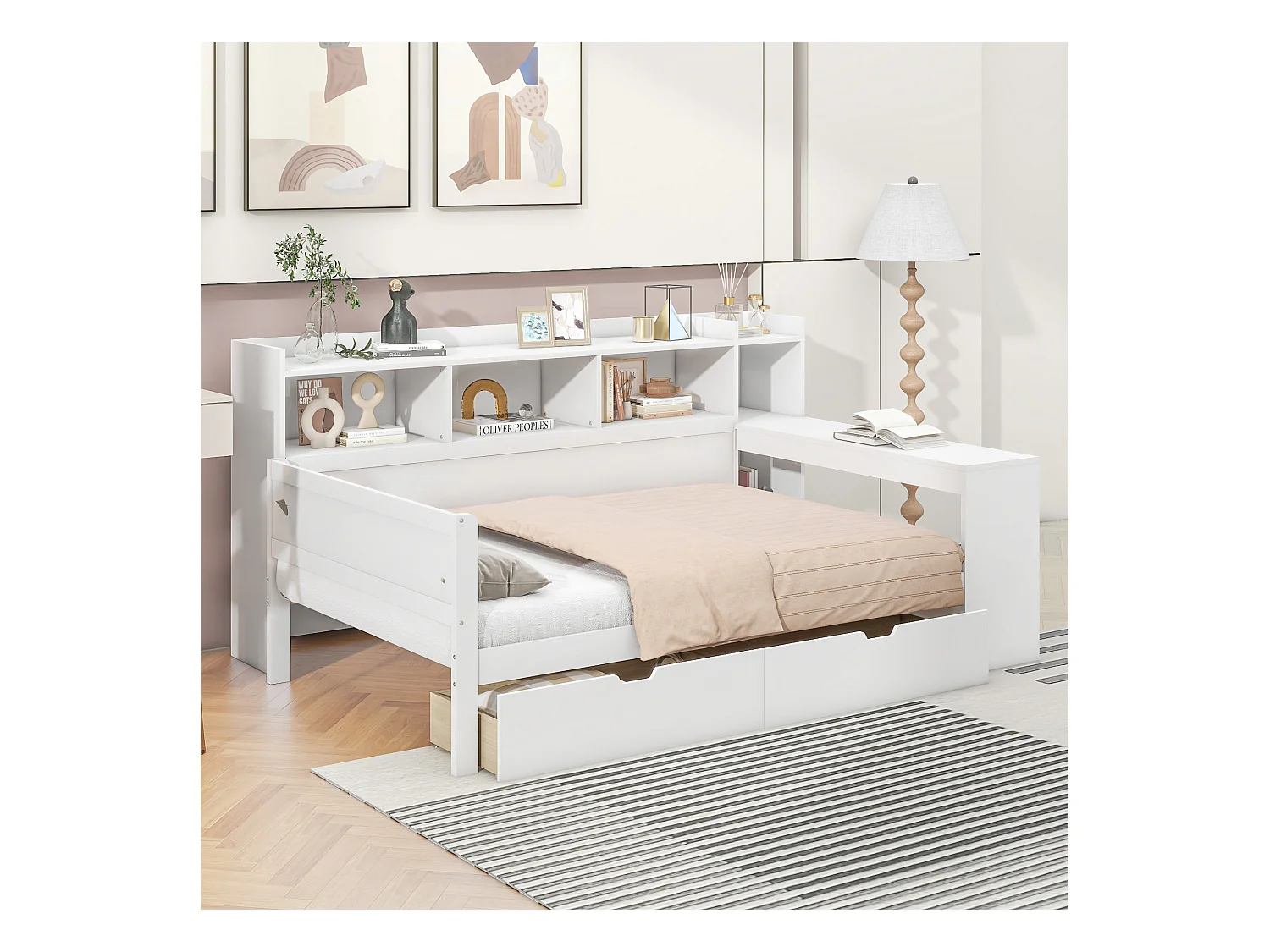 Dagbed, 90x200 cm, met nachtkastje en USB-aansluiting, 2 lades, geïntegreerd bureau, spaanplaat, wit (229,5x121,8x110 cm)