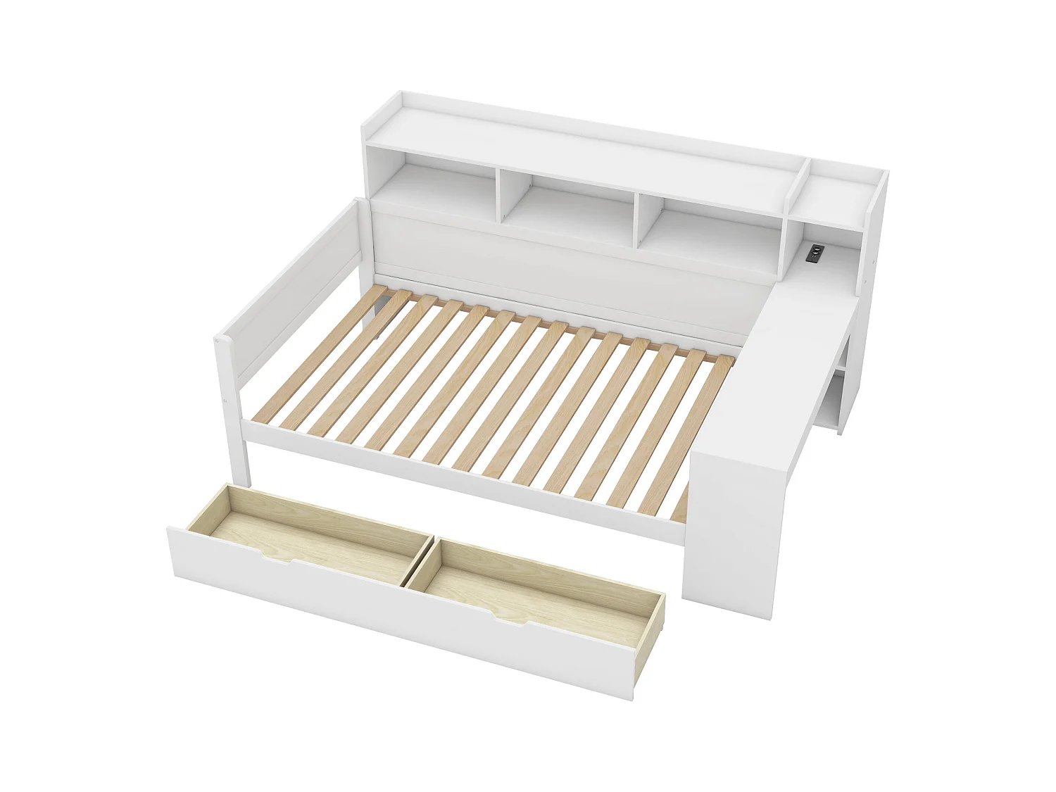 Dagbed, 90x200 cm, met nachtkastje en USB-aansluiting, 2 lades, geïntegreerd bureau, spaanplaat, wit (229,5x121,8x110 cm)