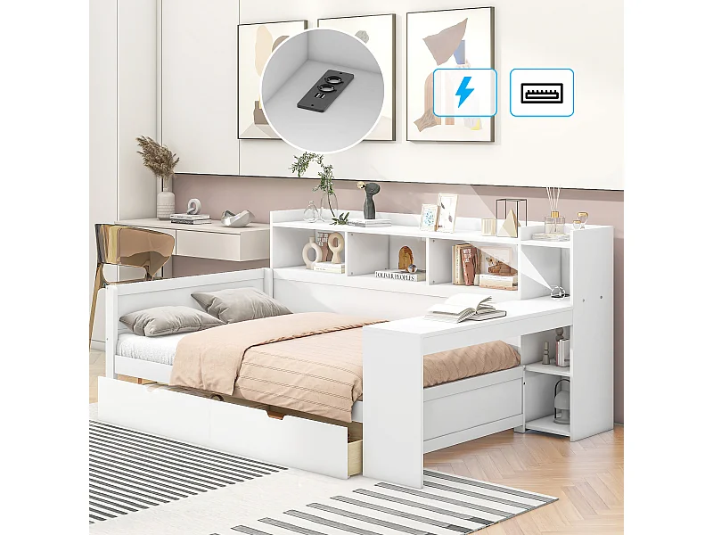 Sofá cama, 90x200 cm, con mesita de noche y puerto USB, 2 cajones, escritorio integrado, aglomerado, blanco (229,5x121,8x110 cm)