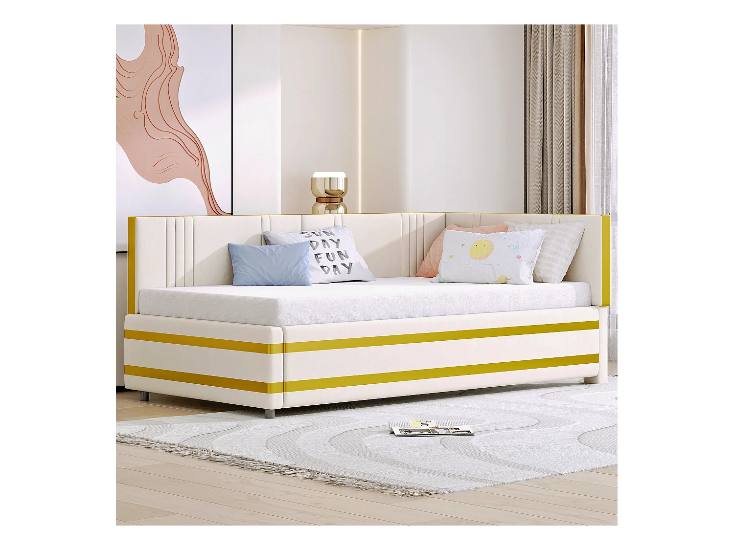 Lit Polster 90 x 200 cm, canapé multifonction avec lattenrost, tissu en velours beige (205 x 97 x 65.5 cm)