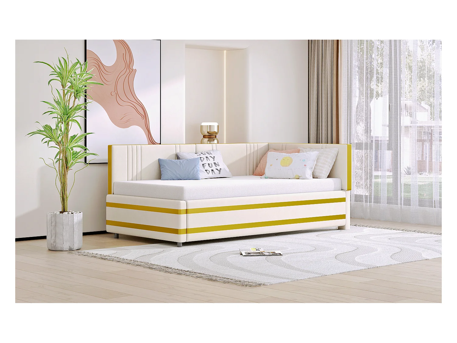 Lit Polster 90 x 200 cm, canapé multifonction avec lattenrost, tissu en velours beige (205 x 97 x 65.5 cm)