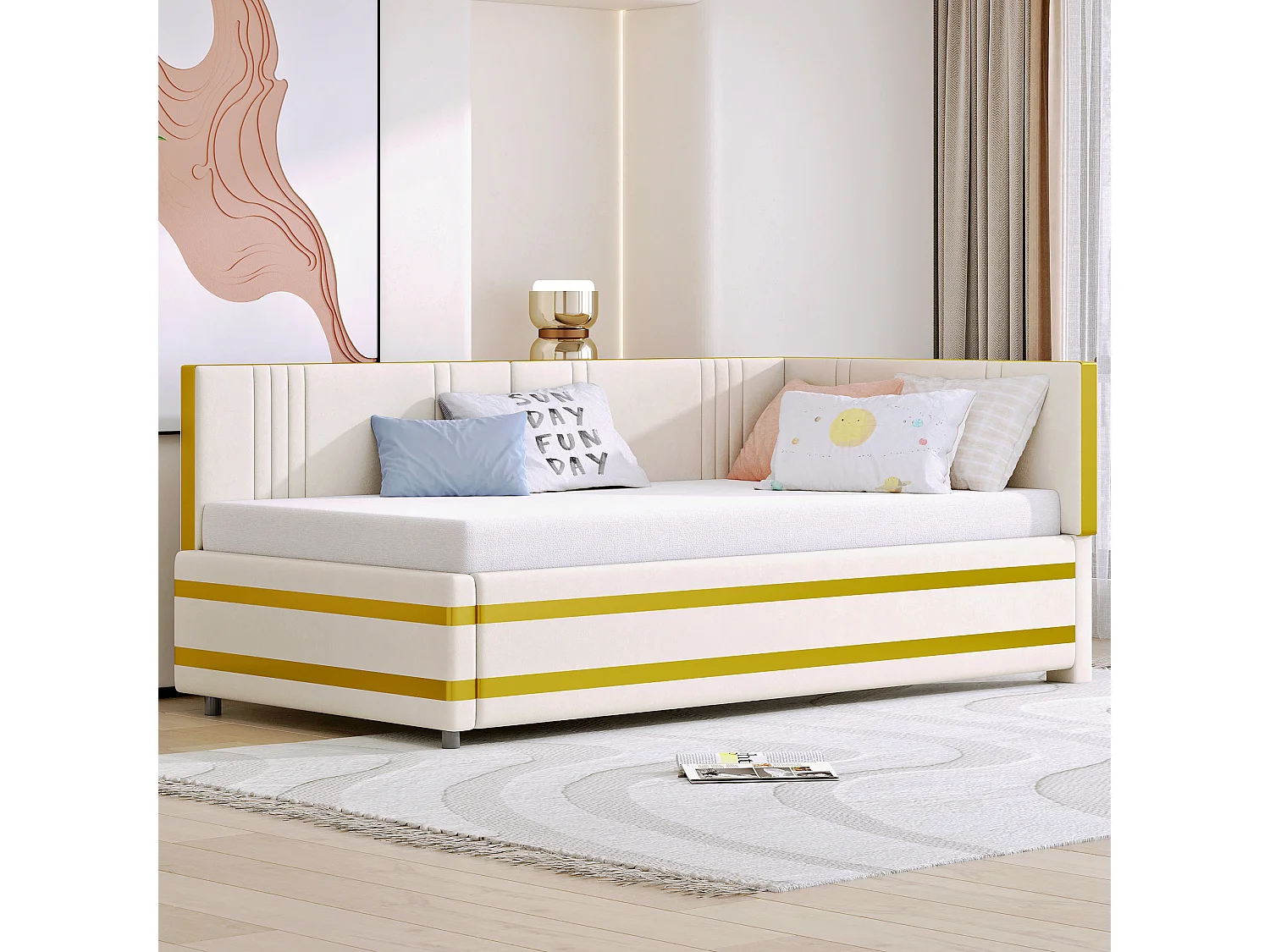 Cama Polster 90 x 200 cm, sofá multifuncional con somier de láminas, tejido de terciopelo beige (205 x 97 x 65,5 cm)