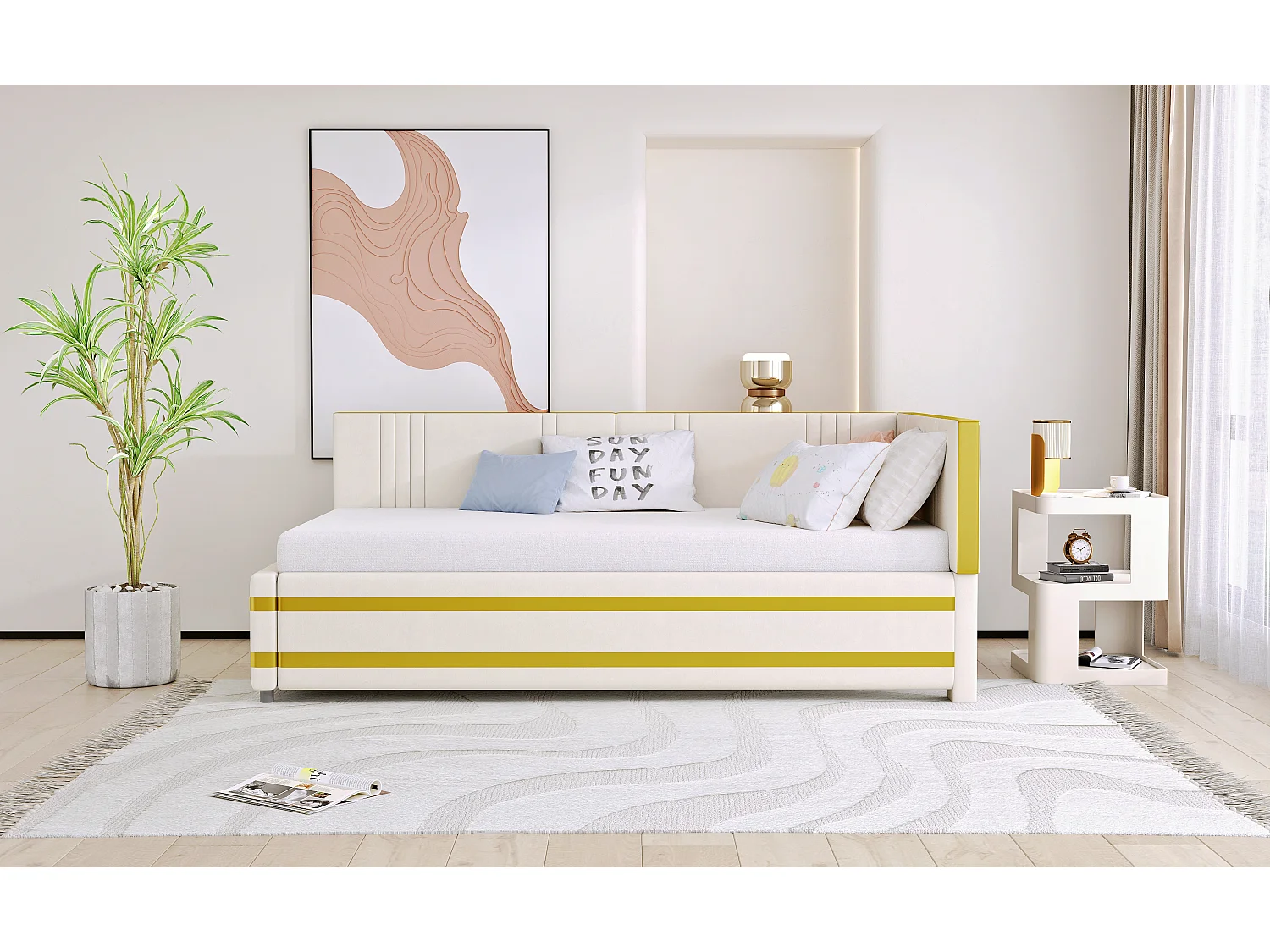 Cama Polster 90 x 200 cm, sofá multifuncional con somier de láminas, tejido de terciopelo beige (205 x 97 x 65,5 cm)