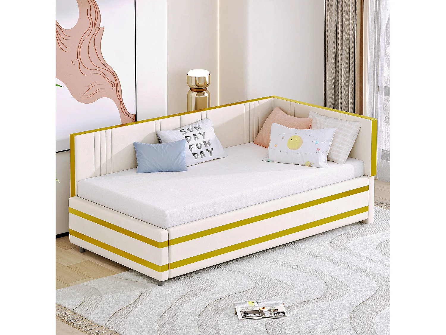 Lit Polster 90 x 200 cm, canapé multifonction avec lattenrost, tissu en velours beige (205 x 97 x 65.5 cm)