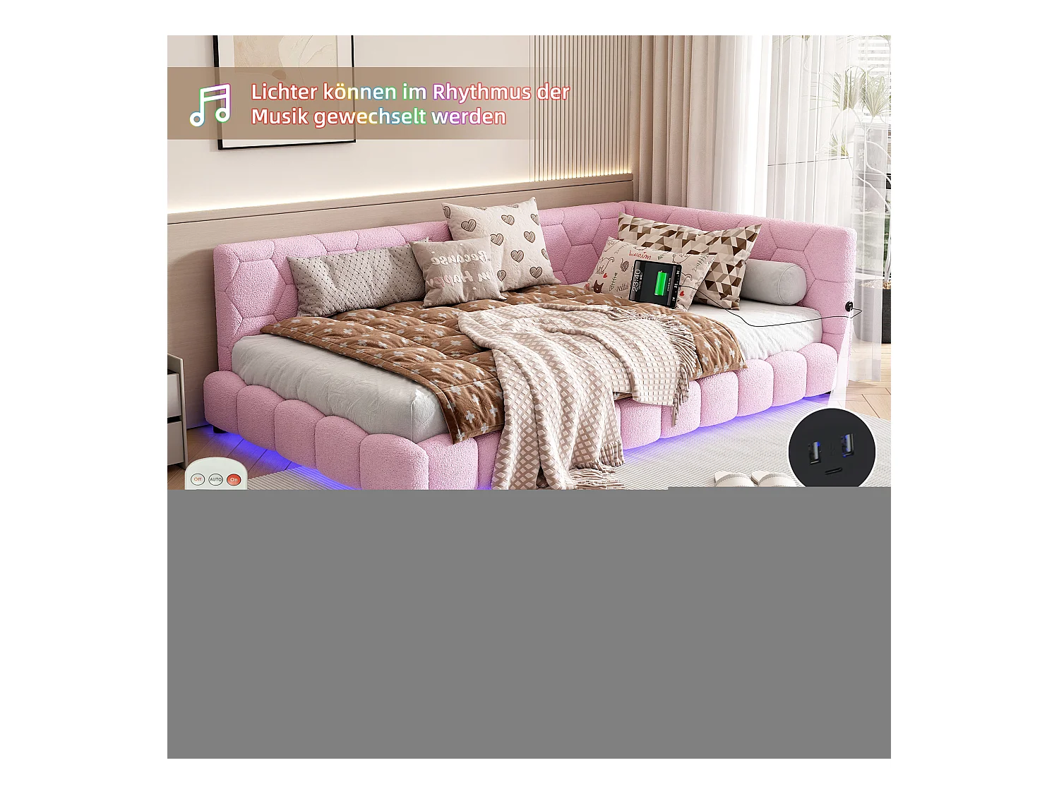 Daybed, 90x200 cm, canapé-lit, avec 16 couleurs d'éclairage LED, USB et Type-C, tissu velours, Rose (214x152x64.5 cm)